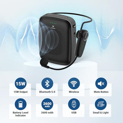 15W Wireless Voice Amplifier with Bluetooth Headset Microphone for Teachers | Portable Mini PA System, 2-in-1 Headset & Handheld Mic, 12H Battery, USB, Belt Clip, for Classroom, Training & Presentations