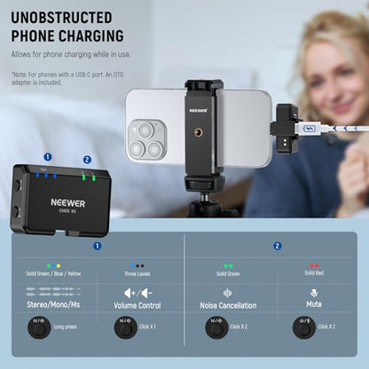 NEEWER CM29 Mini Wireless Microphone, 48KHz/24Bit Noise Cancelling Clip On Lav Mic, 25H Battery, 150m Range, Compatible with iPhone iPad Android DJI Insta360 Camera PC Mac (1RX+2TX+Charging Case) - style: CM29
