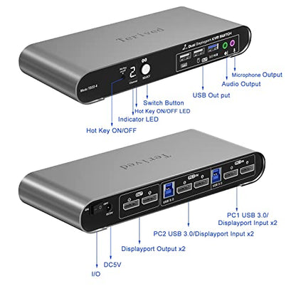 2 Port DP USB 3.0 Automatic KVM Switch Dual Monitor 4K@144Hz Two Computers Two DisplayPort Monitors switcher, 8K@30Hz, Aluminum hotkey Audio mic, Digital Display, HDR10 with Cables - style: 2 Computers 2 DP Monitors USB 3.0