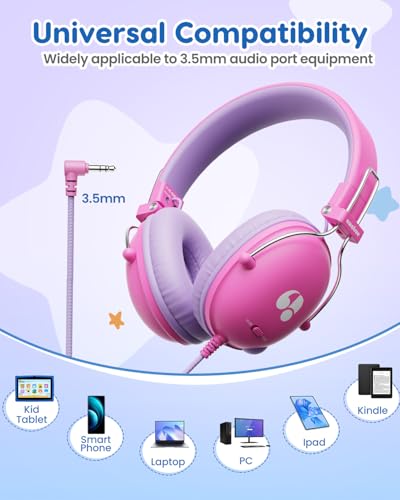 awatrue Kids Headphones, 74/85dB Volume Limiter, 3.5mm Jack Pink HK05 - color: Pink-Purple