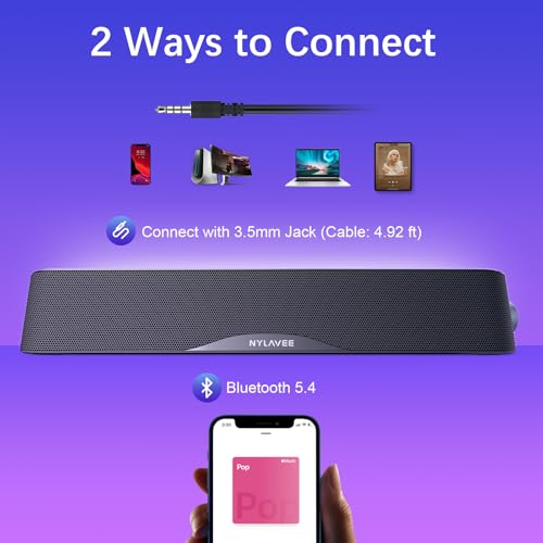 Nylavee Computer Speakers with Subwoofer, 2.1 PC Soundbar, Bluetooth 5.4 | 60W Peak Power, AC Adapter Powered with 3.5mm AUX for Desktop PCs, Laptops and Monitors