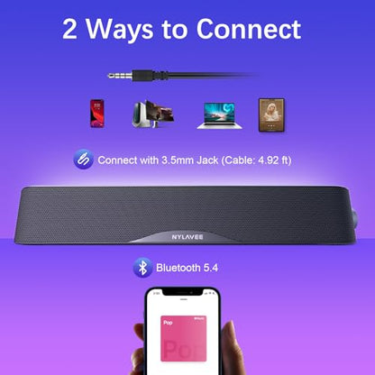 Nylavee Computer Speakers with Subwoofer, 2.1 PC Soundbar, Bluetooth 5.4 | 60W Peak Power, AC Adapter Powered with 3.5mm AUX for Desktop PCs, Laptops and Monitors