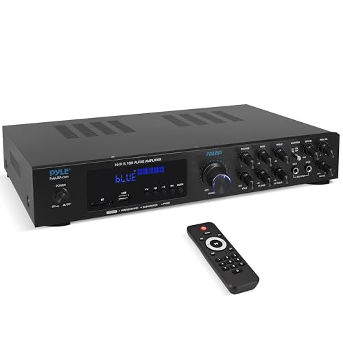 Pyle Bluetooth 5.1 Channel Home Entertainment Amplifier - Subwoofer Out - Easy Karaoke with Dual Mic Inputs w/ Echo, USB-A / SD Reader with MP3 Player, RCA In and Line out - PDA8BU
