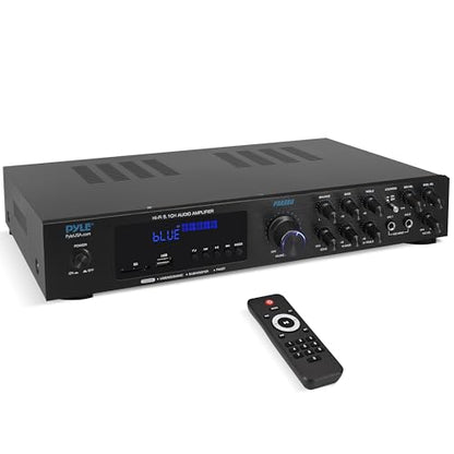 Pyle Bluetooth 5.1 Channel Home Entertainment Amplifier - Subwoofer Out - Easy Karaoke with Dual Mic Inputs w/ Echo, USB-A / SD Reader with MP3 Player, RCA In and Line out - PDA8BU