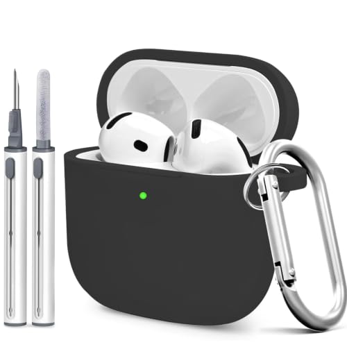 for AirPods 4th Case Cover, Soft Silicone Case with Cleaner Kit, Keychain, Full Protection for Men and Women, Compatible with AirPods 4th Generation (Black) - color: A4-Black