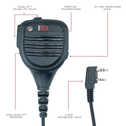 BTECH QHM22D Dual Push-to-Talk (PTT) Speaker Mic, Platinum Series IP54 Rainproof Shoulder Mic for BaoFeng, BTECH, Kenwood Radios (Pack of 2) - size: Single (Pack of 2), style: QHM22D Dual PTT Speaker Mic