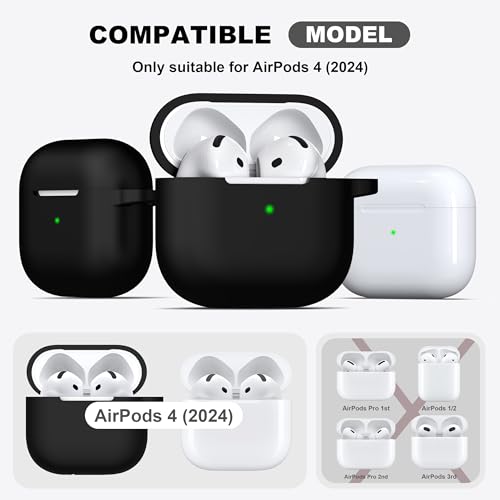 for AirPods 4 Case Silicone Protective Cover, Black | Compatible for Apple AirPods 4th Generation with Cleaner Kit & Keychain, Wireless Charging Compatible - color: Black