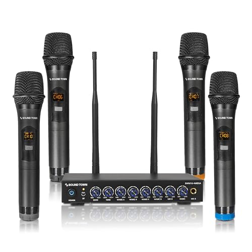 Sound Town 200 Channels Wireless Microphone Karaoke Mixer System, with 4 Metal Handheld Microphones, Optical (Toslink), AUX, for Smart TV, Home Theater, Sound Bar (SWM16-4MEGA) - color: Black & Gray & Blue & Orange