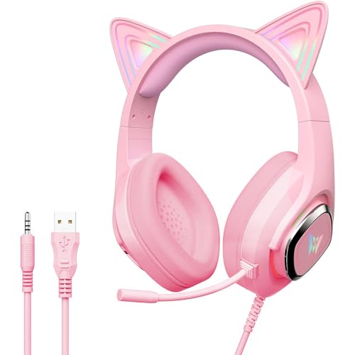 Cat Ear Gaming Headphones Wired AUX 3.5mm LED Headphones Over-Ear Headsets for Kids Girls with Microphone for PC, PS4, PS5, Switch, Xbox, Mobile, Mac, Laptop