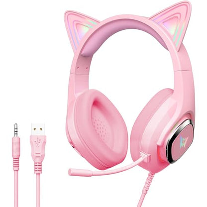 Cat Ear Gaming Headphones Wired AUX 3.5mm LED Headphones Over-Ear Headsets for Kids Girls with Microphone for PC, PS4, PS5, Switch, Xbox, Mobile, Mac, Laptop