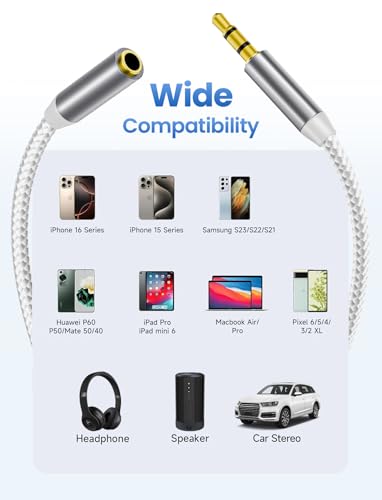 3.5mm Headphone Extension Cable 10FT, Male to Female TRS Stereo Cord | 1/8 Stereo Jack Cable Extender,24K Gold-Plated, Dual Shielding, Nylon Braided for Smartphones, Tablets, Media Player - size: 10FT