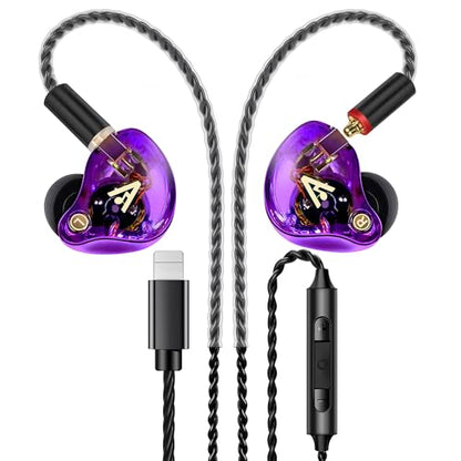 Audiovance Vibes 202ML HiFi 유선 이어버드, 아이폰 14/13/12/11/X, 프로 맥스용 | 마이크가 있는 인이어 헤드폰, 선명한 사운드, 딥 베이스, 소음 차단 이어버드, 실버 도금 코드, 편안한 핏, 케이스 - color: 9-퍼플.