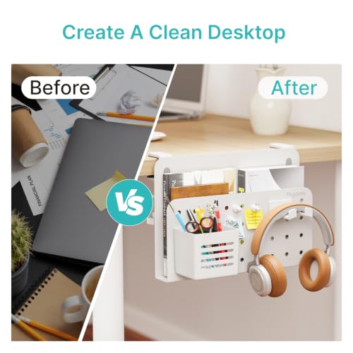 Desk Side Storage Organizer, Fits Flat Edge 0.4" to 2.2", White | No Drill Under Desk Laptop Holder, Clamp on Desks Shelf with Pegboard Accessories, Hanging Laptop Mount - color: White