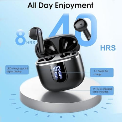 Wireless Earbuds, 2026 Bluetooth 5.4 Headphones with 3D Bass Stereo, 40H Ultralight In-Ear Buds, Bluetooth Earbuds with 4 ENC Noise Cancelling Mic, USB-C LED, IP7 Waterproof Earphones for Android iOS - color: Gloss Black