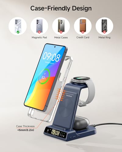 Wireless Charger for Samsung S26 Ultra, Galaxy Watch 9/Ultra 2/8/Buds4 Pro | for Samsung S26+/S25 Ultra/S25/Z Flip8/S24/S23/S22, Galaxy Watch 8/Ultra/7/6/5, Galaxy Buds4 Pro, Space-saving, LED Clock - color: Blue