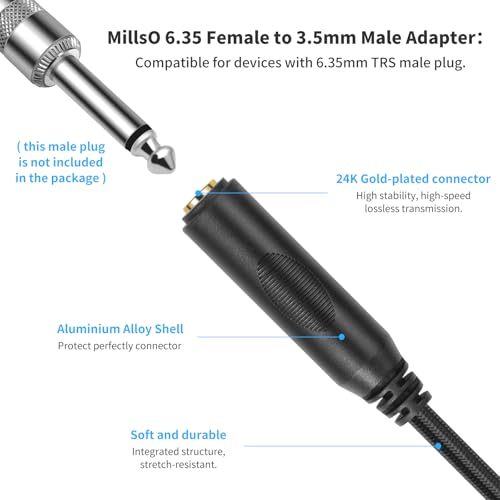 1/4" to 3.5mm Stereo Audio Adapter, 6.35mm Female to 3.5mm Male Stereo Audio Adapter Cable, Nylon Braided 1ft/30cm Cable for Headphones, Guitar, Amplifier, Amp & Audio Equipment 2-Pack - color: 3.5 male to 6.35 female