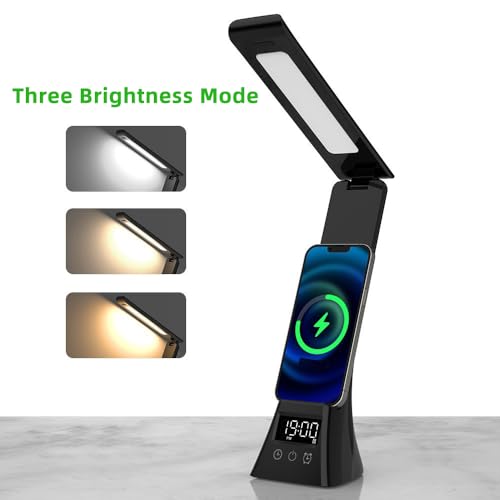 IHAO 6in1 Multifunctional Foldable LED Desk Lamp with Wireless Charger Digital Alarm Clock Eye-Care Lighting 3 Color Modes 15W Qi Charger for Phone/Headphones, Apple Watch Compatible-Black - color: Table Lamp Black