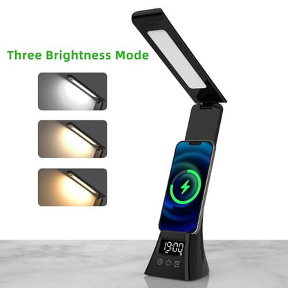 IHAO 6in1 Multifunctional Foldable LED Desk Lamp with Wireless Charger Digital Alarm Clock Eye-Care Lighting 3 Color Modes 15W Qi Charger for Phone/Headphones, Apple Watch Compatible-Black - color: Table Lamp Black