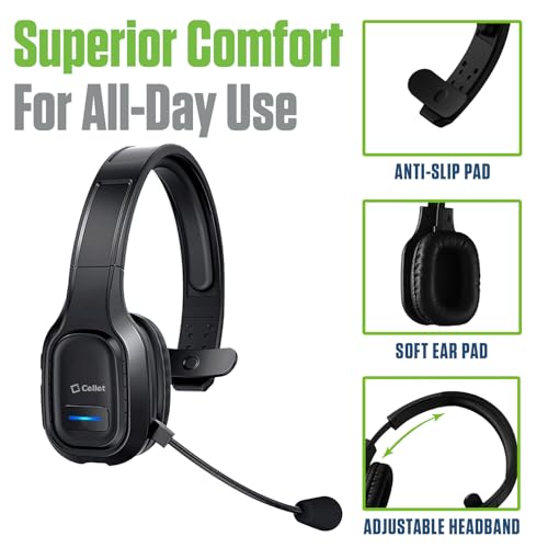 Cellet Overhead Boom Mic Wireless Headset with Noise Cancelling, Echo Reduction, 34H Talk Time, 30ft Range – Adjustable Headband, All-Day Comfort