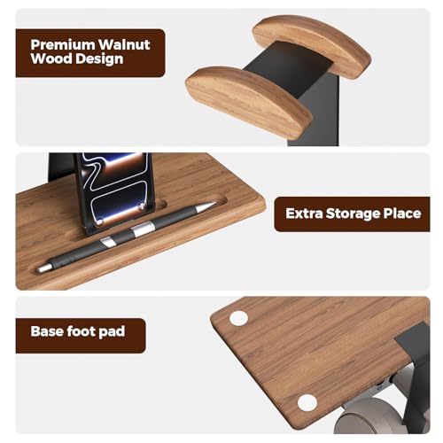 Walnut Headset Stand for Desk with Phone Holder | Headphone Stand Headphone Holder (Natural Wood)