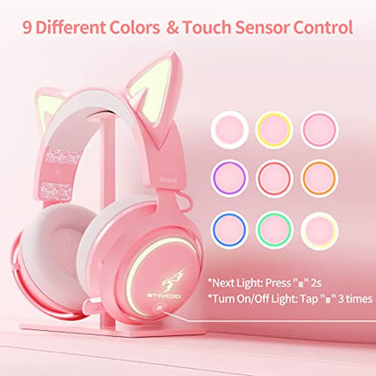 EASARS Wireless Cat Ear Headphones, Pink Gaming Headset Bluetooth 5.0 for Smartphone, Retractable Mic, 50mm Drivers, RGB Lighting Headset with Mic (USB Dongle Not Included) - color: Pink, style: Wireless