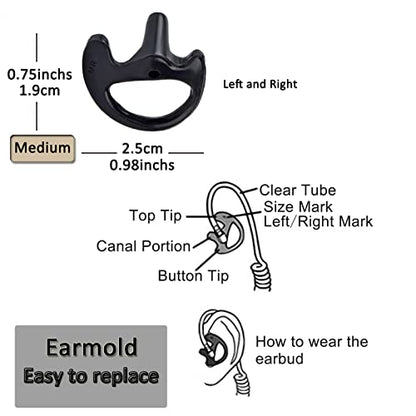 HYS Black Acoustic Tube Replacement Surveillance Acoustic Coil Tube Earbud Audio Kit with 1 Pair Medium Earmold for Two-Way Radio Headset/Earpiece