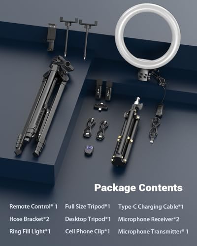Vlogging Kit for iPhone/Android, 10'' Selfie Ring Light with 57'' Stand - size: 57" Tripod with 10" Ring Light