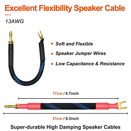 UCINNOVATE 4 x HiFi OFC Spade to Banana Plug Speaker Wire, 13AWG 21cm Speaker Jumper Cable for Amplifiers, Bi-Wire Jumper Bridge with Gold Plated Banana Plugs - size: Spade to Banana Jumper Cable