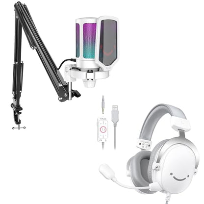 FIFINE Streaming USB Microphone Kit and PC Gaming Headset,Condenser RGB Mic Set on PS4/PS5,Plug and Play for Music Recording,Gaming,Over-Ear Wired Headphones for Computer,Controller,Xbox(A6TW+H9W)