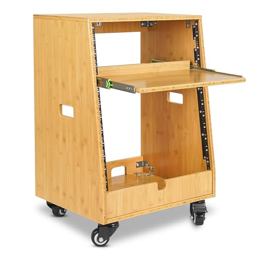Sound Town DIY Solid Carbonized Bamboo Slanted 12U Studio Rack (4U Top + 8U Lower), with 2U Bottom Storage, Slide-Out Tray, Caster, For Recording Room, Home Studio (STBR-ST12T) - size: 12U(4U Top + 8U Lower),Carbonized Bamboo
