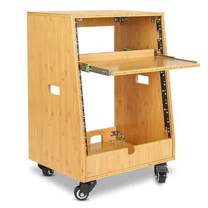Sound Town DIY Solid Carbonized Bamboo Slanted 12U Studio Rack (4U Top + 8U Lower), with 2U Bottom Storage, Slide-Out Tray, Caster, For Recording Room, Home Studio (STBR-ST12T) - size: 12U(4U Top + 8U Lower),Carbonized Bamboo
