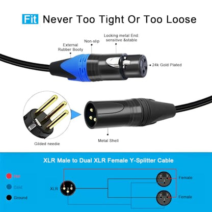 (10 ft-1Pack) 1 Male to 2 Female XLR Y Splitter Micrphone Cable, 3pin Male to Dual Female Y-Splitter Balanced Mic Audio Cables for Stereo Mic to L & R Audio Track - size: 10 ft-1Pack