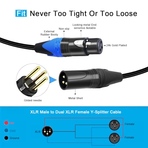 (5 FT- 2 Pack) XLR Splitter Cable, 1 Male to 2 Female XLR Y Splitter Micrphone Cable, 3pin Male to Dual Female Y-Splitter Balanced Mic Audio Cables for Stereo Mic to L & R Audio Track - size: 5 ft-2Pack