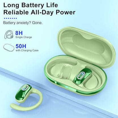 Open Ear Headphones, NEW Over Ear Earbuds with 4 ENC Noise-Canceling Mic | Ultra-Comfort Bone Conduction Earbuds, BT5.4, 50H HD Stereo, IPX7 Waterproof, Ergonomic Earhooks,Sports Ear Buds for Running - color: Light Green