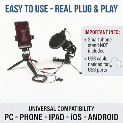 Japard Gaming USB Microphone for PC High Sensitivity, Mini Condenser 3.5 mm Plug for iPhone iPad Android, Broadcast Music Recording Set for Computer Meeting Podcast, Gift for Kids