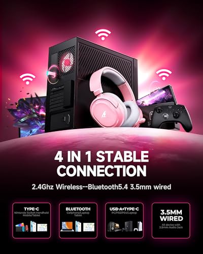 Wireless Gaming Headset, 7.1 Surround Sound, 2.4GHz USB Gaming Headphones with Bluetooth 5.4, 100H Battery, ENC Noise Canceling Mic, RGB Light, Wireless Headset for PC PS5 PS4 Mac Switch (Gray-Pink) - color: White-Pink