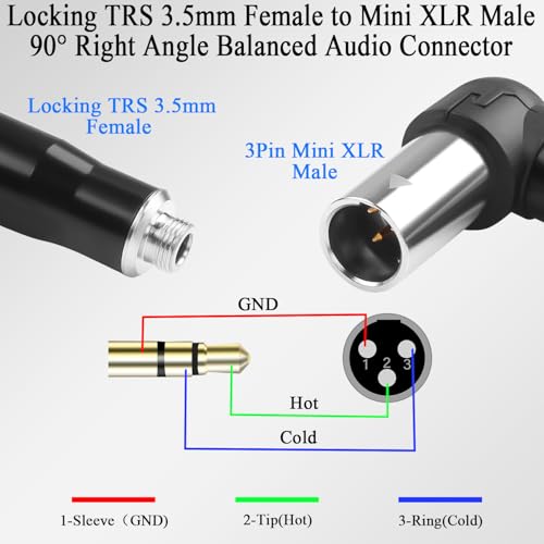 QIANRENON Locking TRS 3.5mm to Mini XLR 90° Angle Headphone Connector Lockable 1/8 TRS Female to 3Pin Mini XLR Male Balanced Audio Adapter, Right Angle Adjustable, for Fanny Pack Microphone