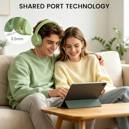 USB C Wired Over-Ear Headphones with Microphone | Volume Control, Share Port, Adjustable Headband Foldable Stereo Headset for Adult/Teens for iPhone 16, Laptop, Gaming, Travel - color: Grass Green