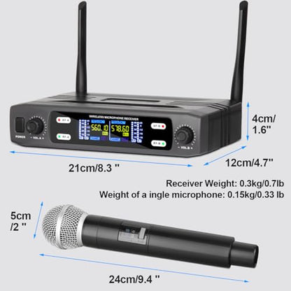 Depusheng Wireless Microphone System, VHF Fixed Dual Frequency Wireless Set with 2 Handheld Dynamic Transmitter Wireless Mic Set for Singing, Karaoke, Church, DJ,200ft Range - size: X2
