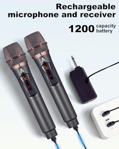 ALPOWL Wireless Microphones, Metal Dynamic Microphone System with Rechargeable Receiver, 50H Duration, 200ft Range, Microphone for Karaoke Singing, Wedding, DJ, Party, Speech, Church