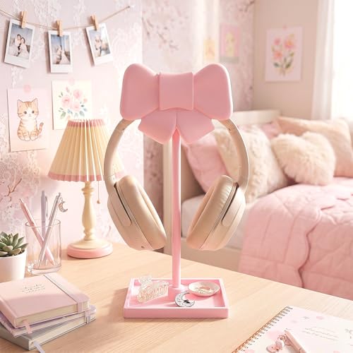 Wesiti Pink Bow Headphone Stand Cute Curved Headphone Holder with Storage Tray Pink Coquette Gaming Headset Holder for Desk Space Saving Organizer Desktop for Women All Headset Home Office Setup