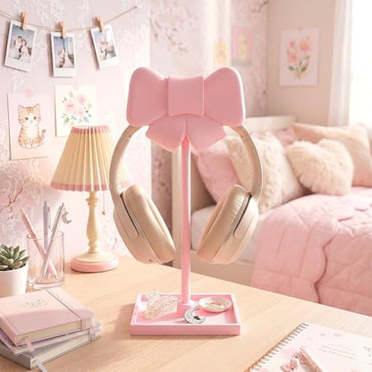 Wesiti Pink Bow Headphone Stand Cute Curved Headphone Holder with Storage Tray Pink Coquette Gaming Headset Holder for Desk Space Saving Organizer Desktop for Women All Headset Home Office Setup