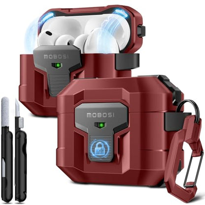 MOBOSI for AirPods Pro 3 Case 2025 with Drop-Proof Lock, Red | Cleaning Kit & Keychain, Compatible with MagSafe, Military-Grade Protection Hard Cover for iPods Pro 3rd Generation - color: Red