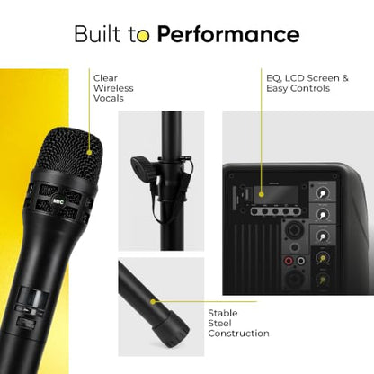 Bowens Dual 8 Inch 400W PA System – Portable Speakers with Bluetooth, USB/SD, LCD & Remote – DJ Sound System with Wireless Karaoke Microphone for Singing/Microfono & Stands