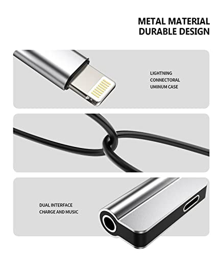 Aux to Lightning Adapter 3.5mm Jack Headphone Splitter 2in1 for iPhone 14 13 12 Pro Max Audio Cable Charger Adaptor Connector for Apple Wired Earphone Converter Dual Accessories for iPad Phone Dongle