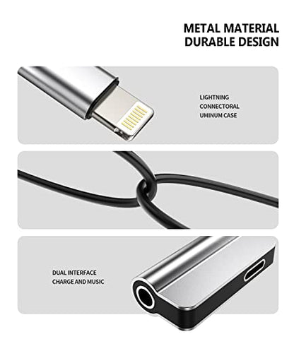 Aux to Lightning Adapter 3.5mm Jack Headphone Splitter 2in1 for iPhone 14 13 12 Pro Max Audio Cable Charger Adaptor Connector for Apple Wired Earphone Converter Dual Accessories for iPad Phone Dongle