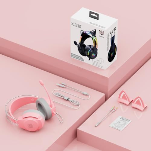 Gaming Headset with Microphone, Cat Ear Headphones for PC Laptop PS4 PS5 Xbox Switch, Pink, Rainbow RGB Lighting & Virtual Surround Sound, 3.5mm Wired Over Ear Headphones, Ergonomic - color: Pink Cat Ear