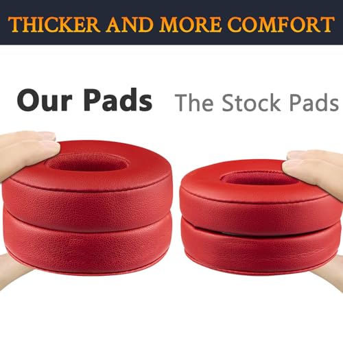 SoloWIT Earpads Cushions Replacement for Beats Solo 2 & Solo 3 Wireless On-Ear Headphones, Solo2 Solo3 Ear Pads with Soft Protein Leather, Added Thickness - Red - color: Red