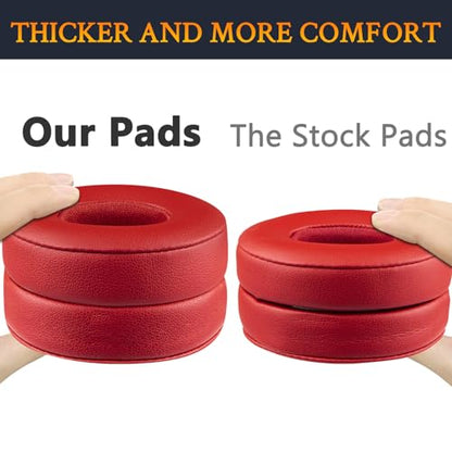 SoloWIT Earpads Cushions Replacement for Beats Solo 2 & Solo 3 Wireless On-Ear Headphones, Solo2 Solo3 Ear Pads with Soft Protein Leather, Added Thickness - Red - color: Red