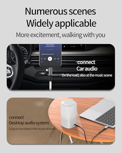 Aux to USB C Lightning for iPhone 17 16 15 14 13 Pro Max (2in1) 3.5mm Headphone Jack Adapter Cable Audio Dongle Female Port Compatible with Samsung for Ipad Male Plug Car Microphone Splitter
